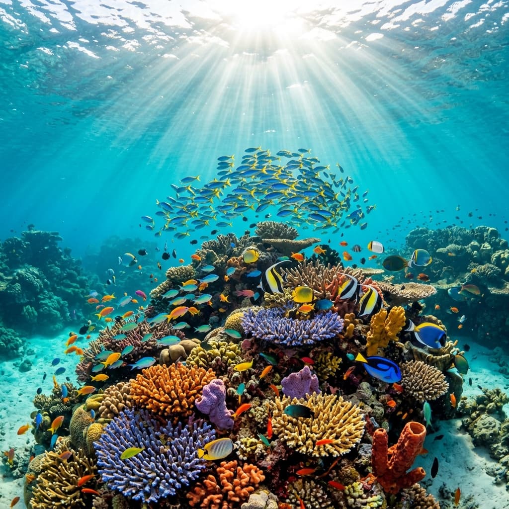 Clean ocean coral reef protected from plastic pollution